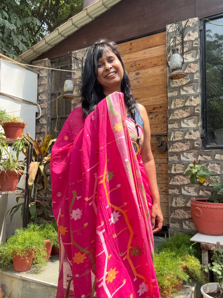 ताना-बाना- Cotton Handwoven Jamdani Saree - Hot Pink