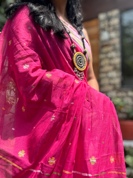 ताना-बाना- Cotton Handwoven Jamdani Saree - Hot Pink