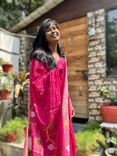 ताना-बाना- Cotton Handwoven Jamdani Saree - Hot Pink