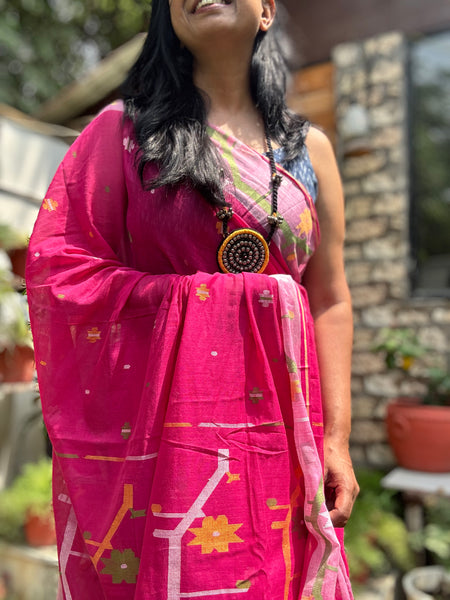 ताना-बाना- Cotton Handwoven Jamdani Saree - Hot Pink