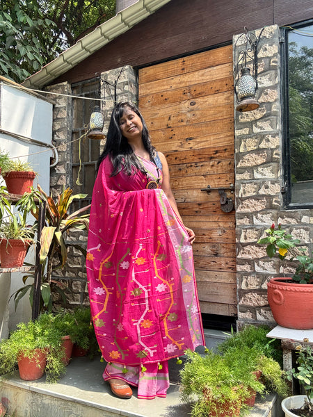 ताना-बाना- Cotton Handwoven Jamdani Saree - Hot Pink