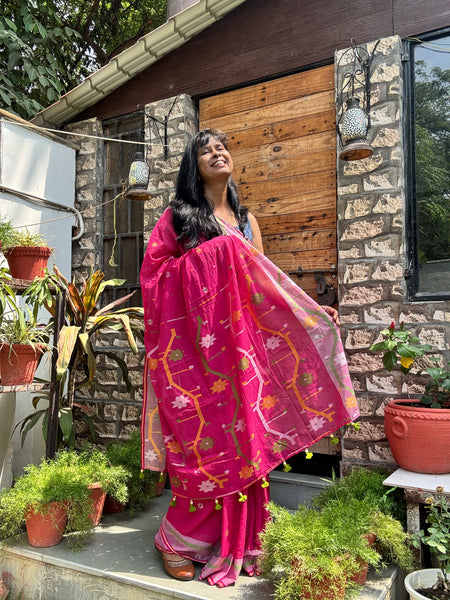ताना-बाना- Cotton Handwoven Jamdani Saree - Hot Pink