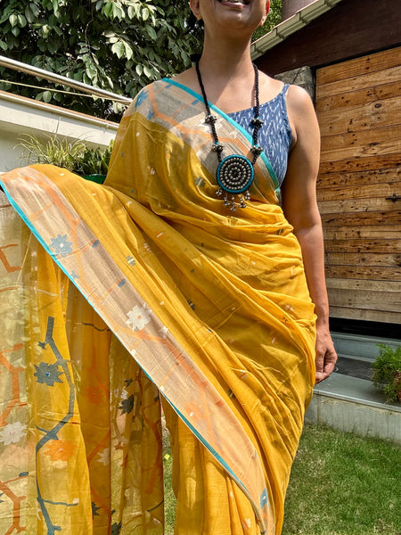 ताना-बाना- Cotton Handwoven Jamdani Saree - Mustard