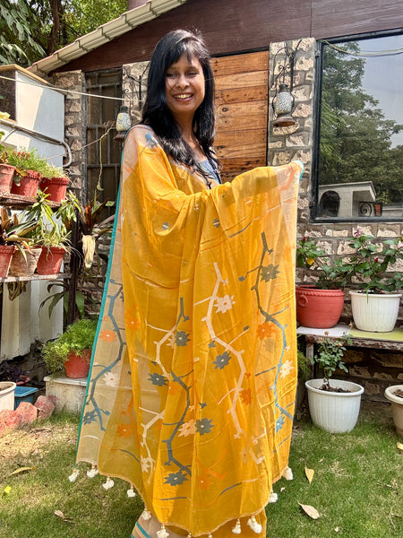 ताना-बाना- Cotton Handwoven Jamdani Saree - Mustard