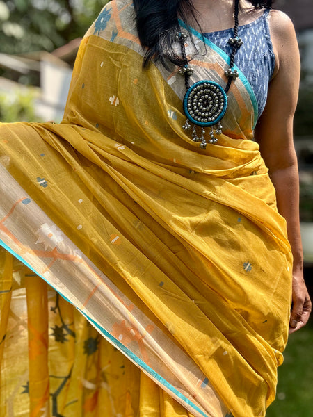 ताना-बाना- Cotton Handwoven Jamdani Saree - Mustard