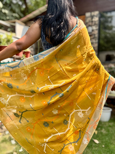 ताना-बाना- Cotton Handwoven Jamdani Saree - Mustard