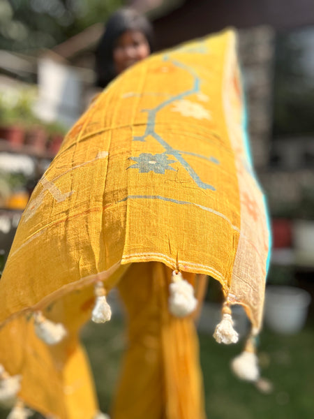 ताना-बाना- Cotton Handwoven Jamdani Saree - Mustard