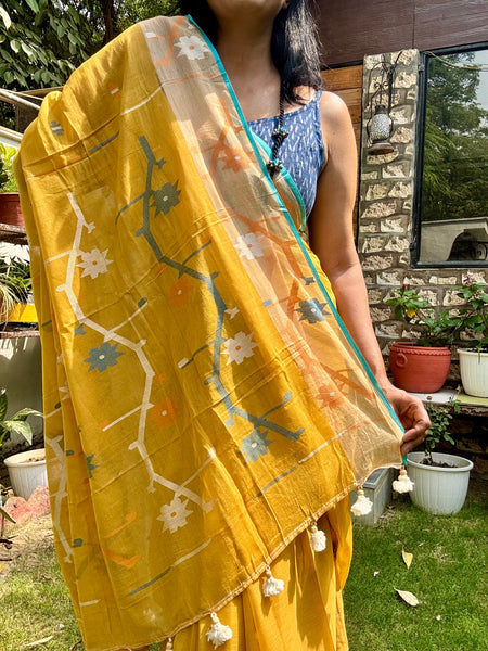 ताना-बाना- Cotton Handwoven Jamdani Saree - Mustard