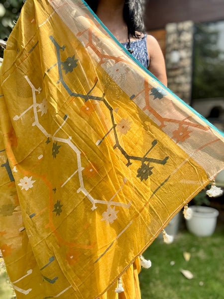 ताना-बाना- Cotton Handwoven Jamdani Saree - Mustard