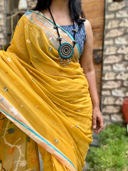 ताना-बाना- Cotton Handwoven Jamdani Saree - Mustard