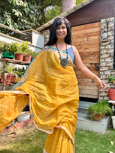 ताना-बाना- Cotton Handwoven Jamdani Saree - Mustard