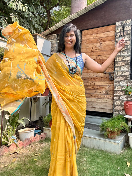 ताना-बाना- Cotton Handwoven Jamdani Saree - Mustard
