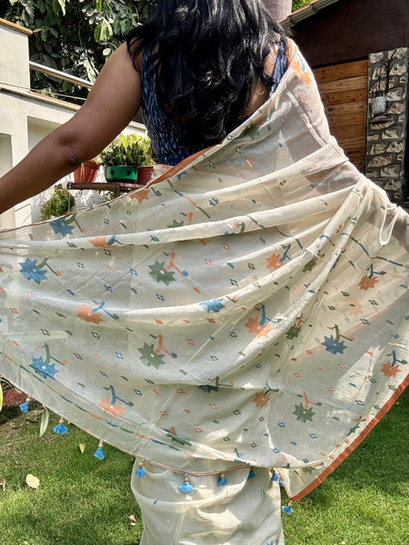 ताना-बाना- Cotton Handwoven Jamdani Saree - offwhite