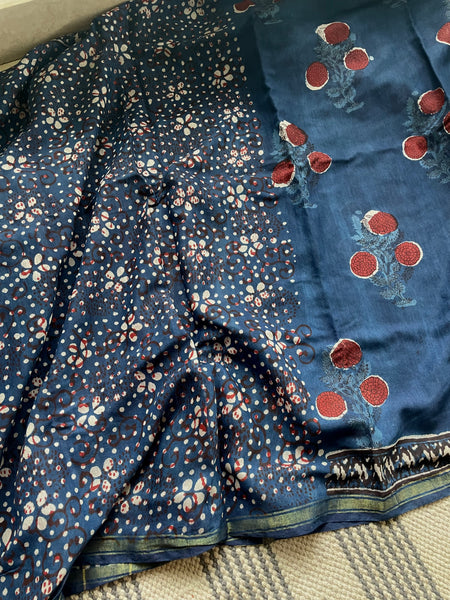 Cotton hand block printed saree with zari border