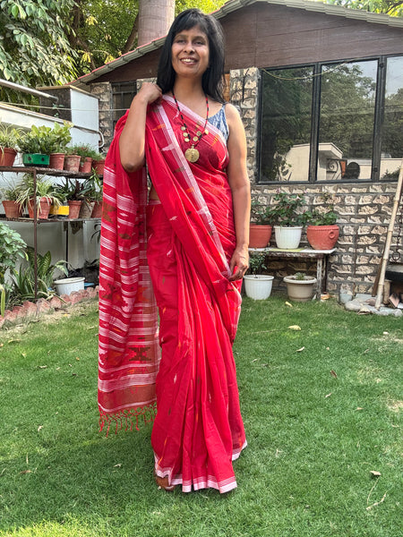 ताना-बाना- Cotton Handwoven Jamdani Saree - Red