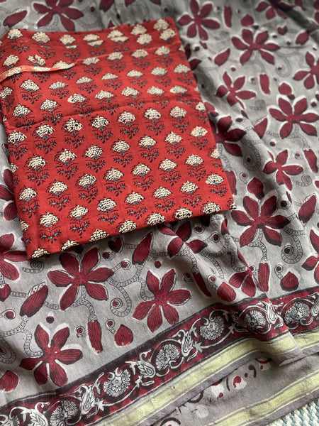 Cotton hand block printed saree with zari border