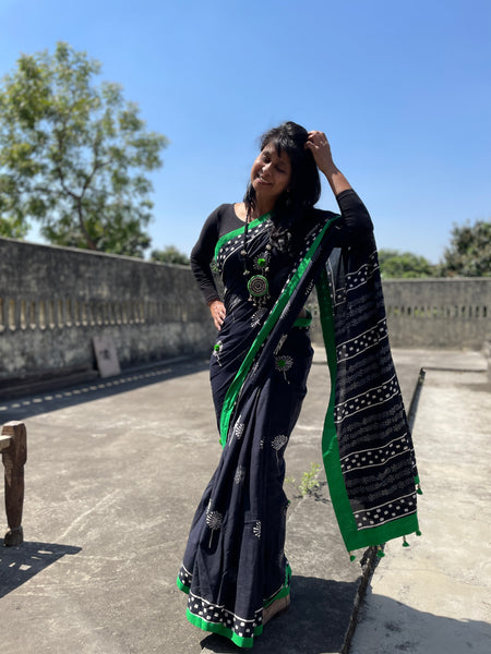 Dabu Mul cotton hand block printed saree with Green fabric facing and embroidery