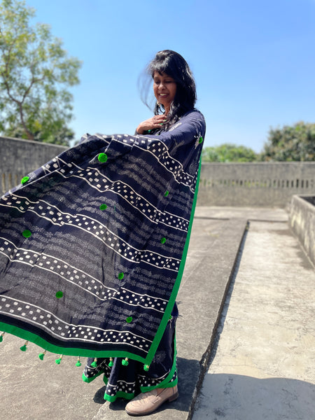 Dabu Mul cotton hand block printed saree with Green fabric facing and embroidery