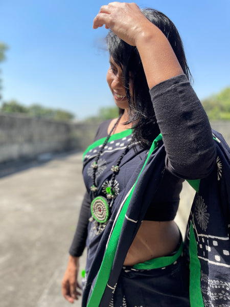Dabu Mul cotton hand block printed saree with Green fabric facing and embroidery