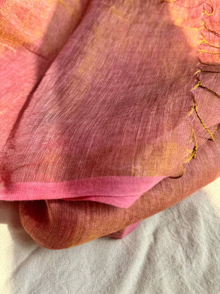 Handwoven Pink Golden Zari Linen Saree