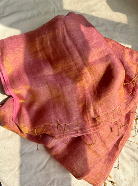 Handwoven Pink Golden Zari Linen Saree