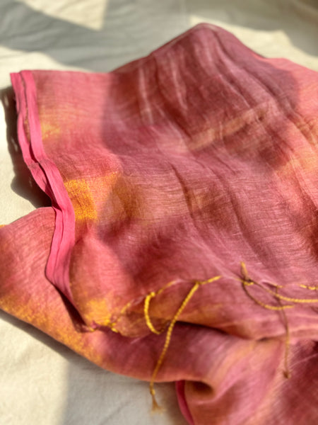 Handwoven Pink Golden Zari Linen Saree