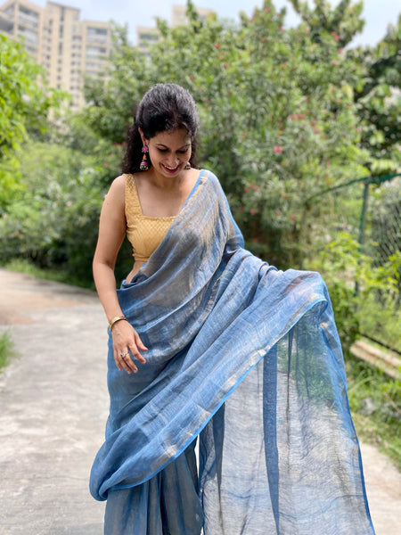 Handwoven Blue Metallic Linen Saree - with blouse piece