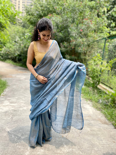 Handwoven Blue Metallic Linen Saree - with blouse piece