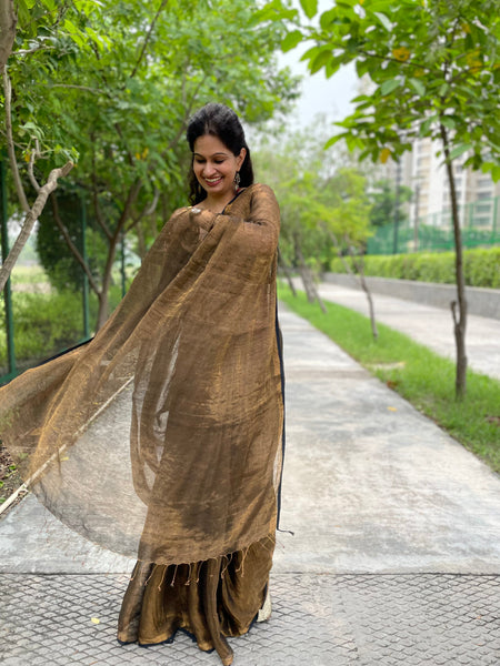 Handwoven Black & Golden Metallic Linen Saree- NO Blouse piece
