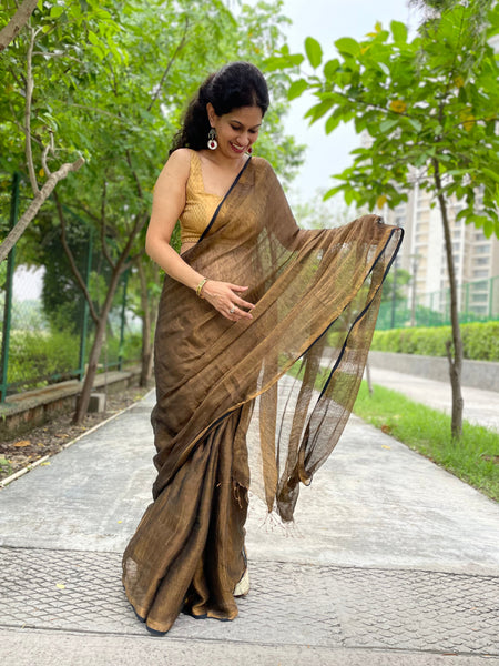 Handwoven Black & Golden Metallic Linen Saree- NO Blouse piece