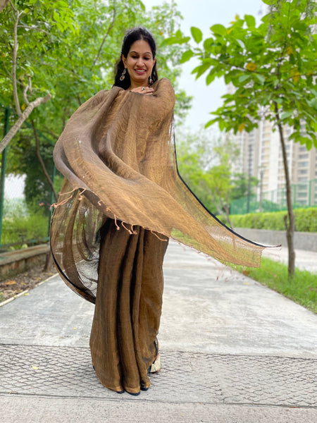 Handwoven Black & Golden Metallic Linen Saree- NO Blouse piece