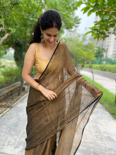 Handwoven Black & Golden Metallic Linen Saree- NO Blouse piece