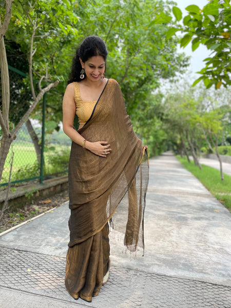 Handwoven Black & Golden Metallic Linen Saree- NO Blouse piece