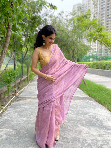 Handwoven lavendar Zari Linen Saree - with blouse piece