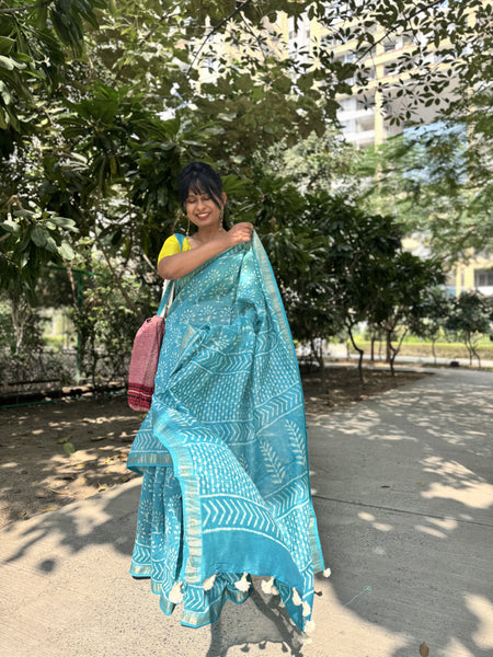 Maheshwari border blockprinted Cotton Silk Saree