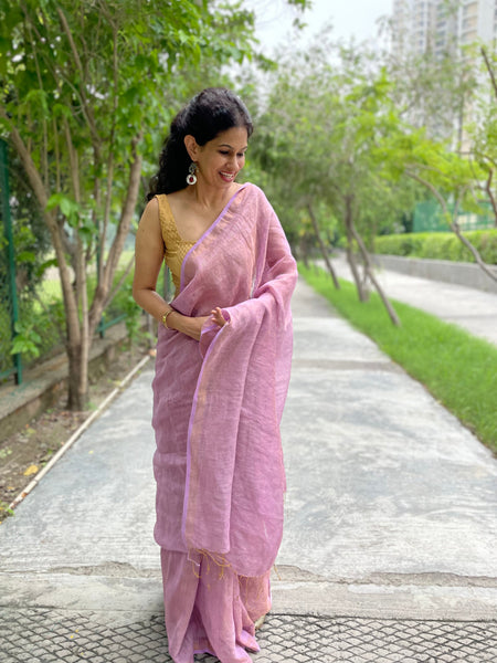 Handwoven lavendar Zari Linen Saree - with blouse piece