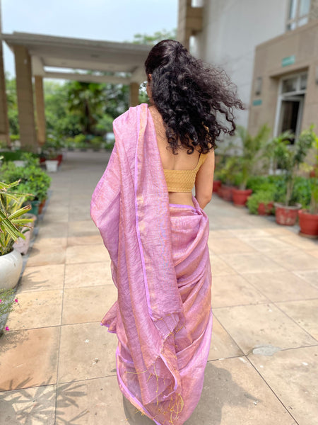 Handwoven lavendar Zari Linen Saree - with blouse piece