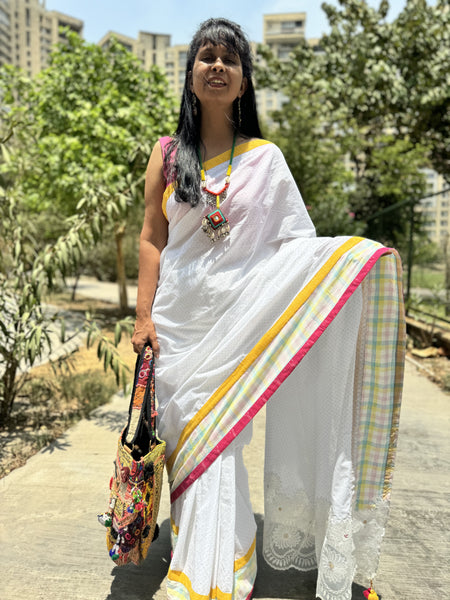 White cotton patchwork saree with embroidery