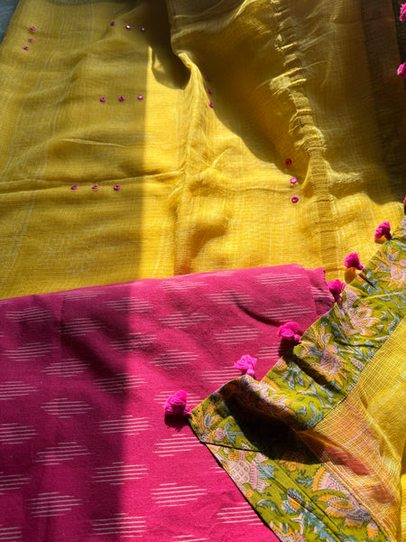Embroidered pallu & patchwork border- kota doria saree