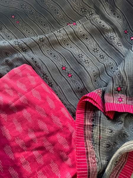 Embroidered pallu & patchwork border- kota doria saree