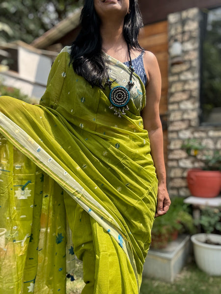 ताना-बाना- Cotton Handwoven Jamdani Saree - Green
