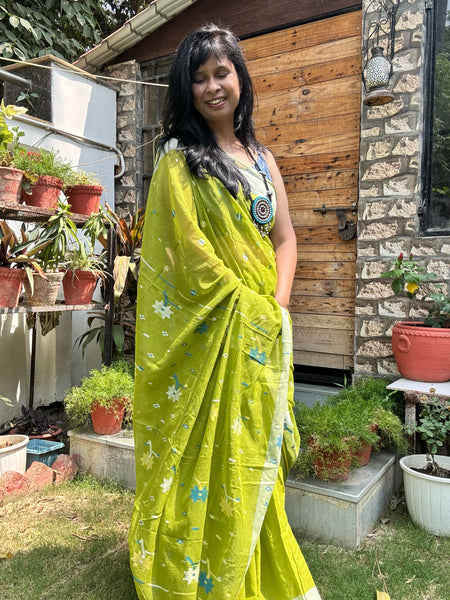 ताना-बाना- Cotton Handwoven Jamdani Saree - Green