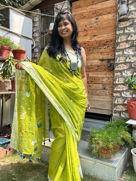 ताना-बाना- Cotton Handwoven Jamdani Saree - Green