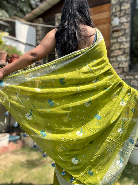 ताना-बाना- Cotton Handwoven Jamdani Saree - Green