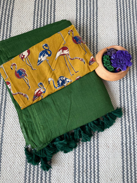 Plain Mul Cotton Saree - Bottle Green ( dark green )