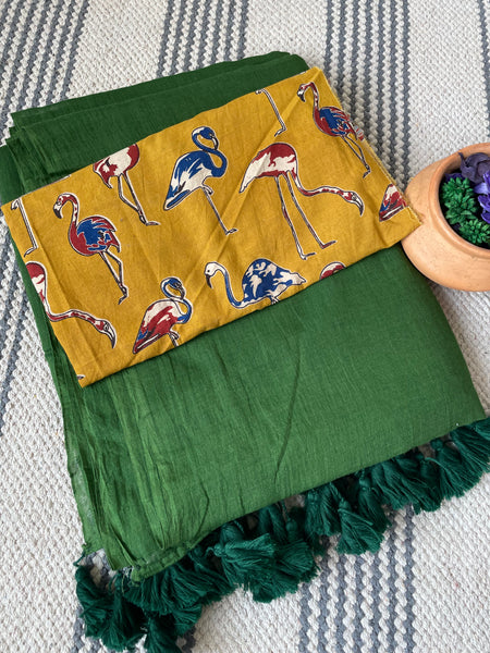 Plain Mul Cotton Saree - Bottle Green ( dark green )