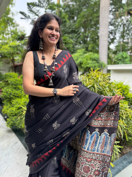 Ajrakh naturally dyed modal silk saree