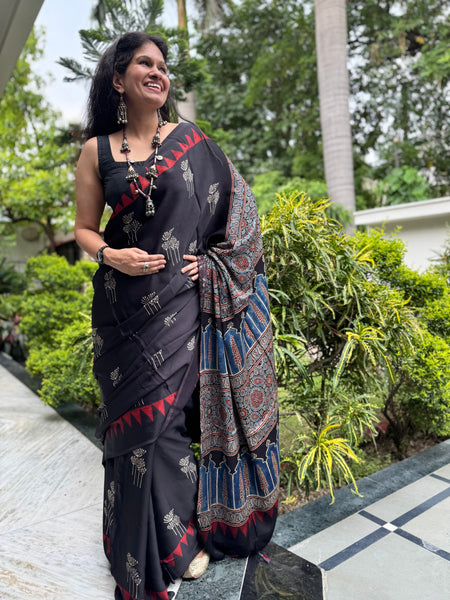 Ajrakh naturally dyed modal silk saree