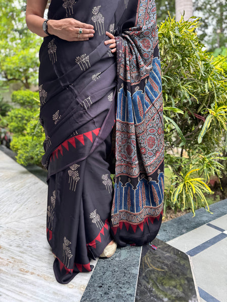 Ajrakh naturally dyed modal silk saree