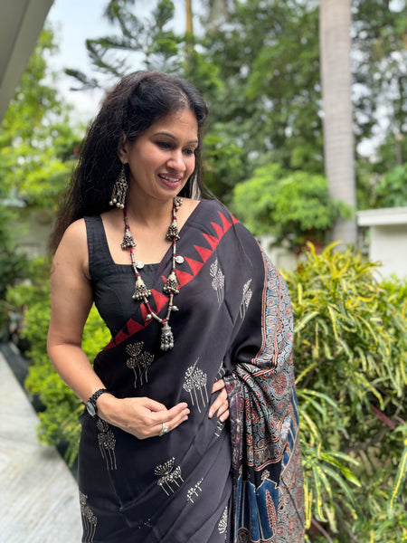 Ajrakh naturally dyed modal silk saree